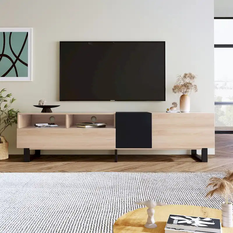 Mobile porta TV naturale e nero da 70.9 con doppio vano contenitore, per TV da 80 pollici