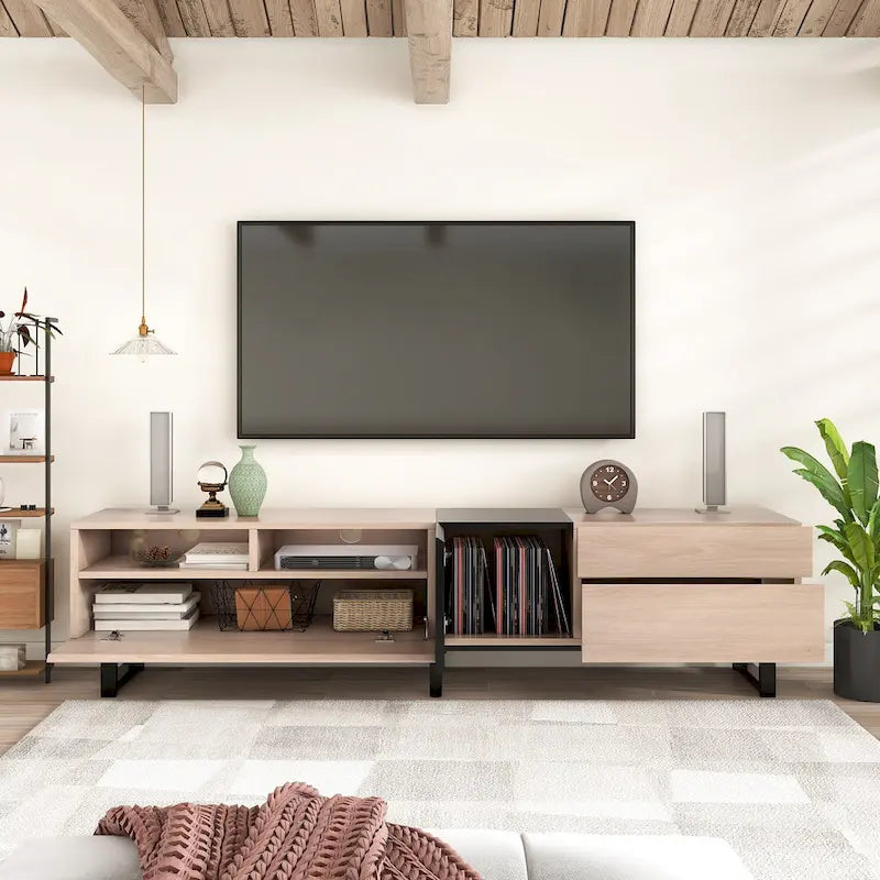 Mobile porta TV naturale e nero da 70.9 con doppio vano contenitore, per TV da 80 pollici