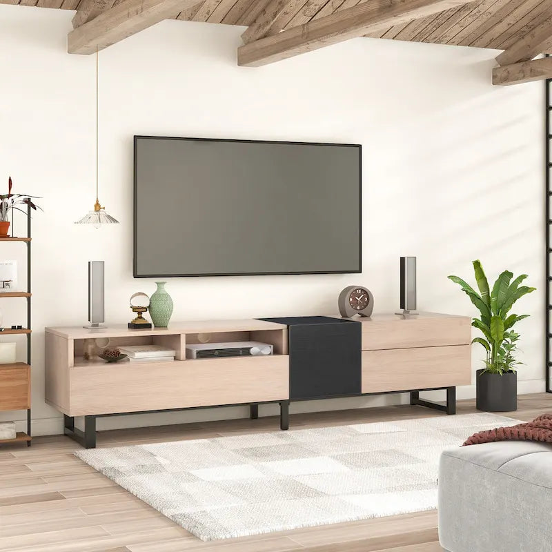 Mobile porta TV naturale e nero da 70.9 con doppio vano contenitore, per TV da 80 pollici