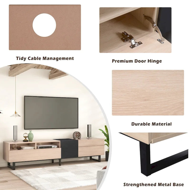 Mobile porta TV naturale e nero da 70.9 con doppio vano contenitore, per TV da 80 pollici