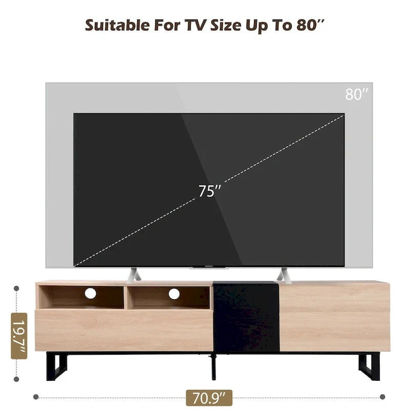 Mobile porta TV naturale e nero da 70.9 con doppio vano contenitore, per TV da 80 pollici