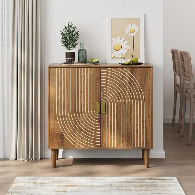 Credenza in noce, mobile buffet indipendente con scanalature lineari e ripiano regolabile