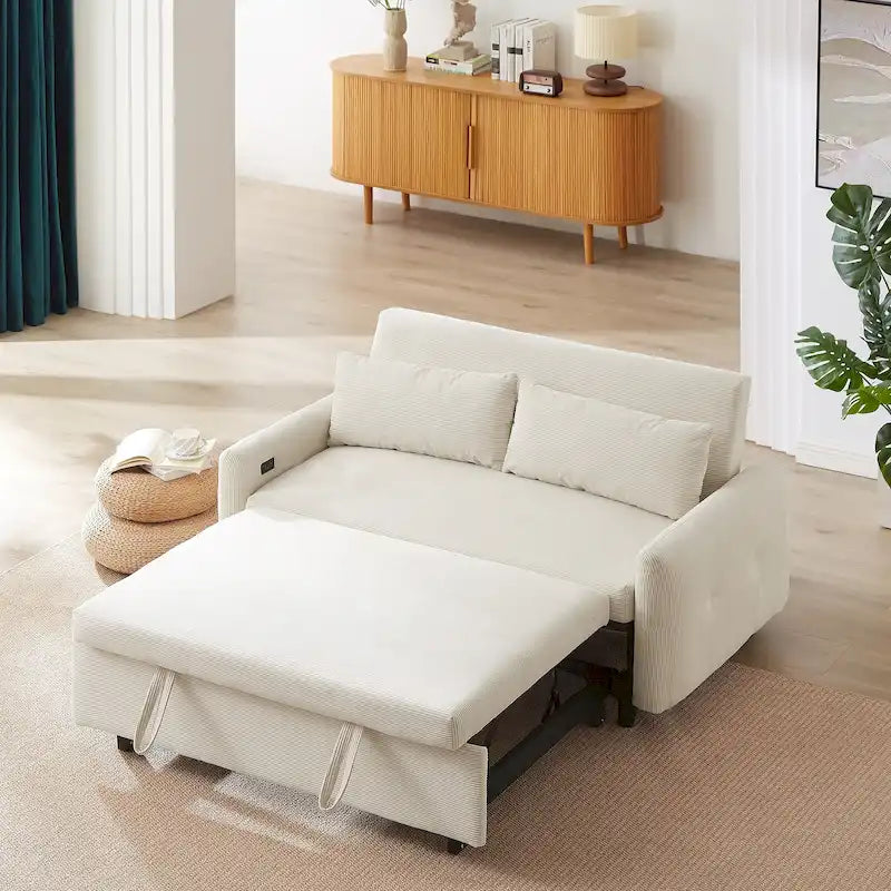 Divano letto estraibile trasformabile a 2 posti con cuscini decorativi e porte USB, divano letto moderno, beige
