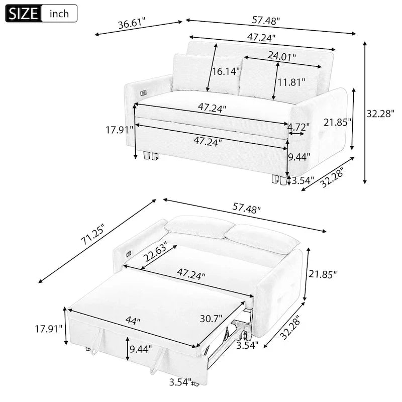 Rozkładana sofa z funkcją spania dla 2 osób, z poduszkami dekoracyjnymi i portami USB, nowoczesna sofa do spania, beżowa