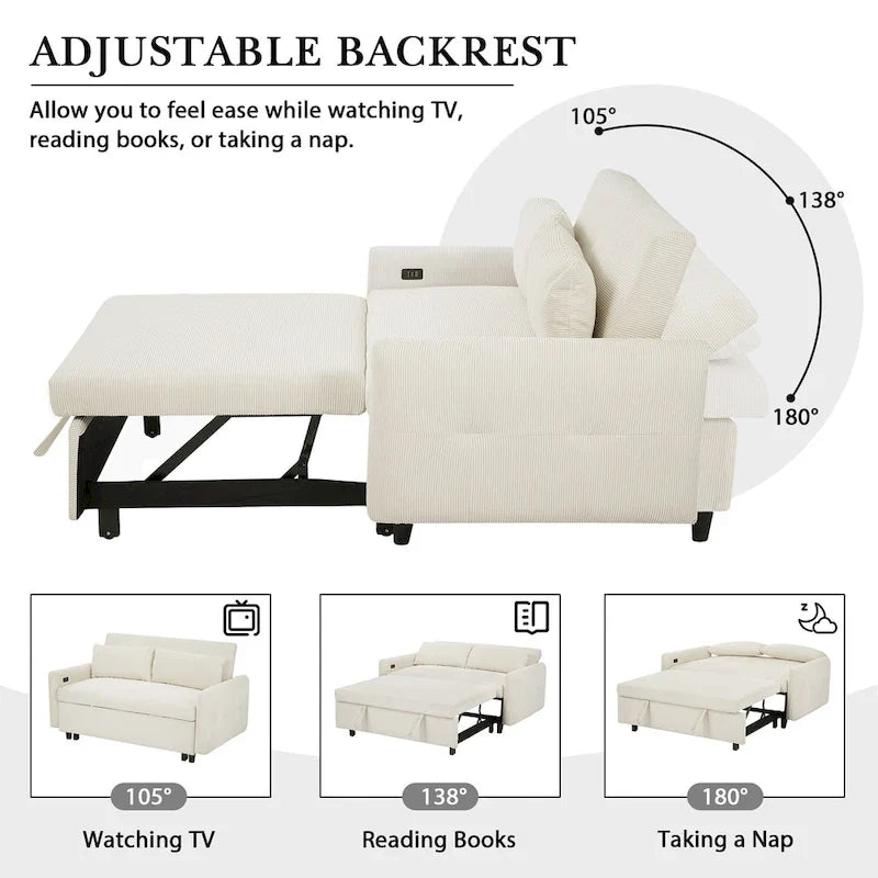 Divano letto estraibile trasformabile a 2 posti con cuscini decorativi e porte USB, divano letto moderno, beige