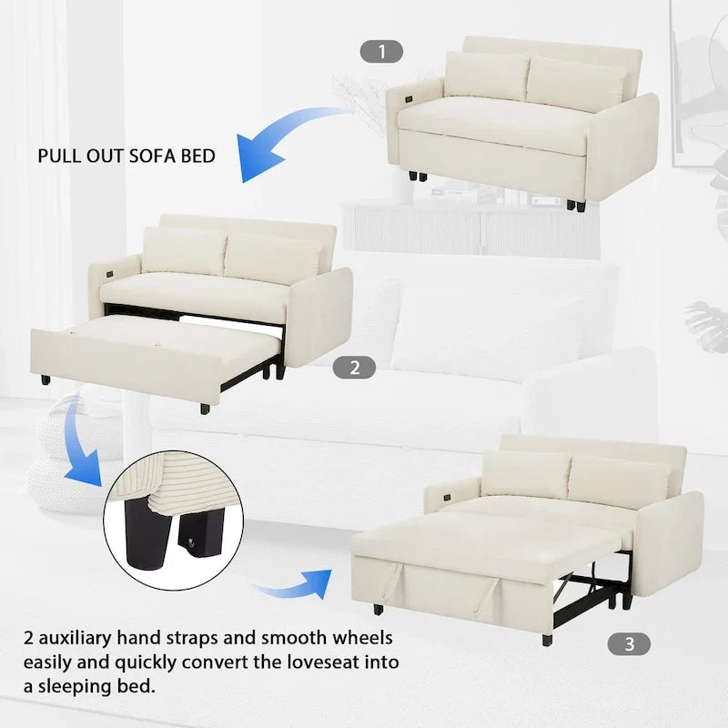 Divano letto estraibile trasformabile a 2 posti con cuscini decorativi e porte USB, divano letto moderno, beige