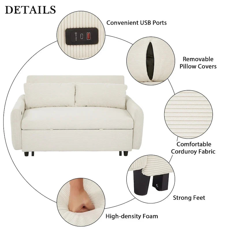 Divano letto estraibile trasformabile a 2 posti con cuscini decorativi e porte USB, divano letto moderno, beige