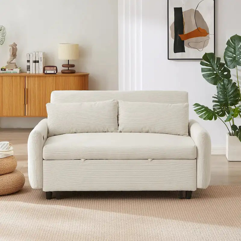 Divano letto estraibile trasformabile a 2 posti con cuscini decorativi e porte USB, divano letto moderno, beige