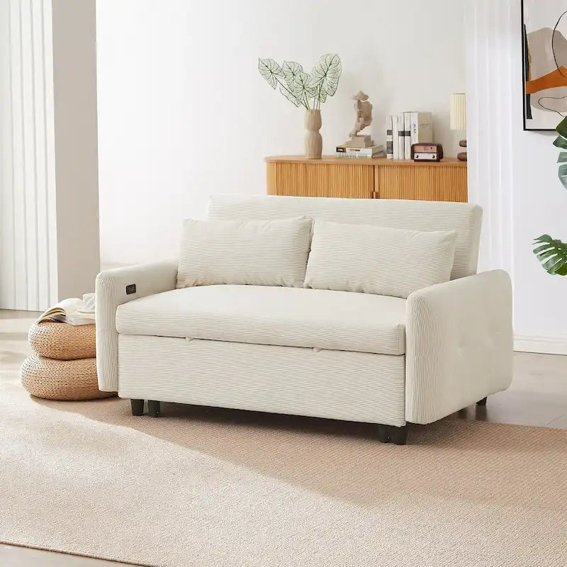 Rozkładana sofa z funkcją spania dla 2 osób, z poduszkami dekoracyjnymi i portami USB, nowoczesna sofa do spania, beżowa