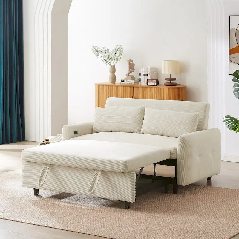 Rozkładana sofa z funkcją spania dla 2 osób, z poduszkami dekoracyjnymi i portami USB, nowoczesna sofa do spania, beżowa