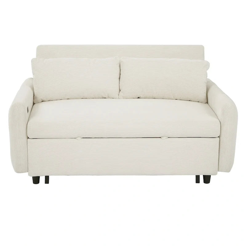 Rozkładana sofa z funkcją spania dla 2 osób, z poduszkami dekoracyjnymi i portami USB, nowoczesna sofa do spania, beżowa