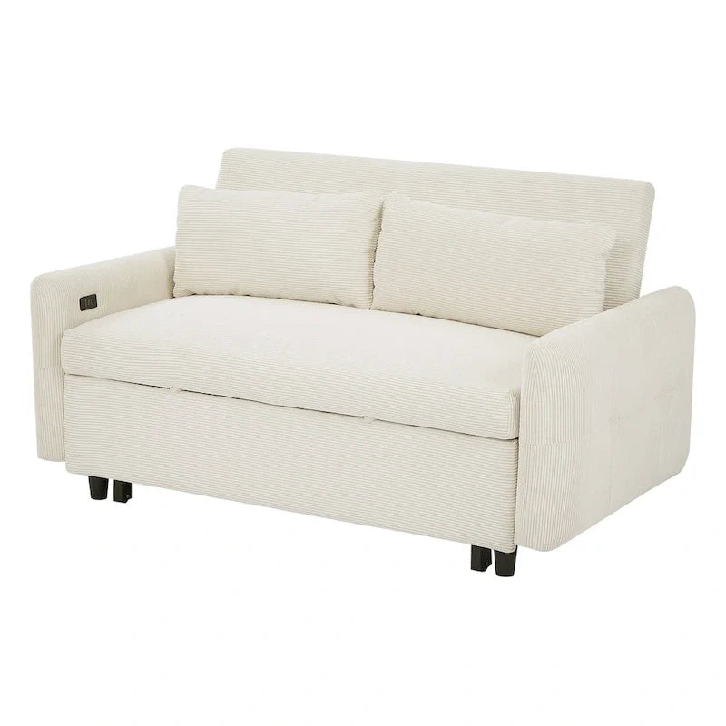 Rozkładana sofa z funkcją spania dla 2 osób, z poduszkami dekoracyjnymi i portami USB, nowoczesna sofa do spania, beżowa