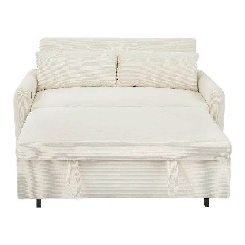 Rozkładana sofa z funkcją spania dla 2 osób, z poduszkami dekoracyjnymi i portami USB, nowoczesna sofa do spania, beżowa