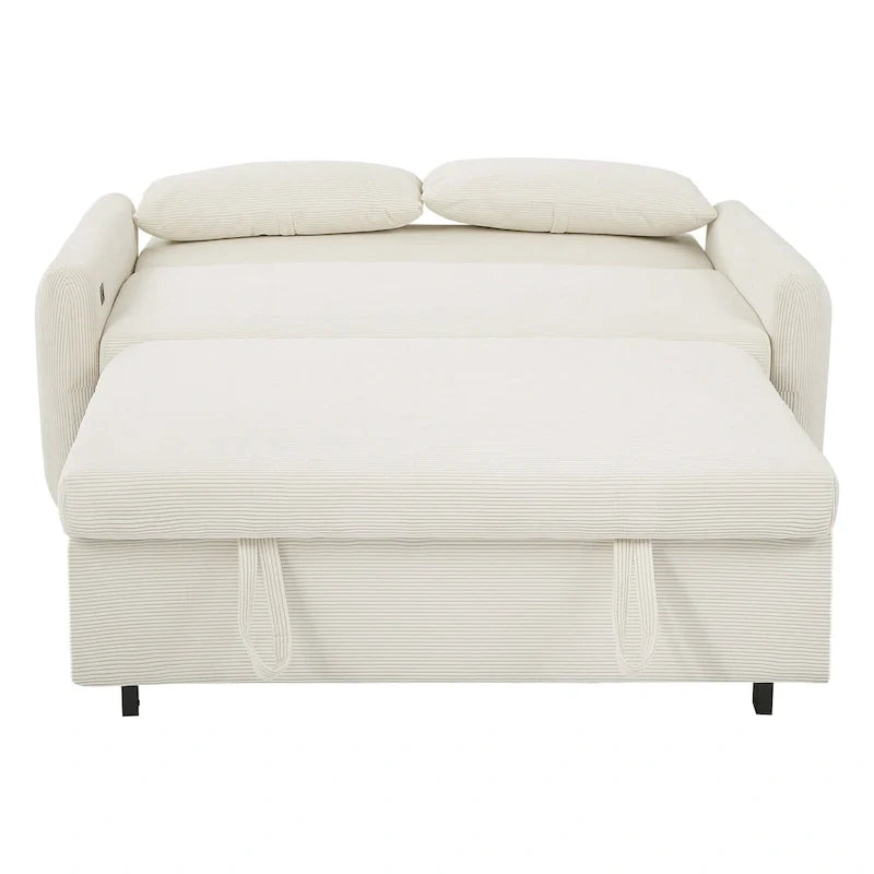 Rozkładana sofa z funkcją spania dla 2 osób, z poduszkami dekoracyjnymi i portami USB, nowoczesna sofa do spania, beżowa