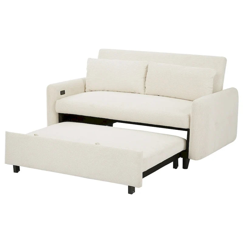 Rozkładana sofa z funkcją spania dla 2 osób, z poduszkami dekoracyjnymi i portami USB, nowoczesna sofa do spania, beżowa