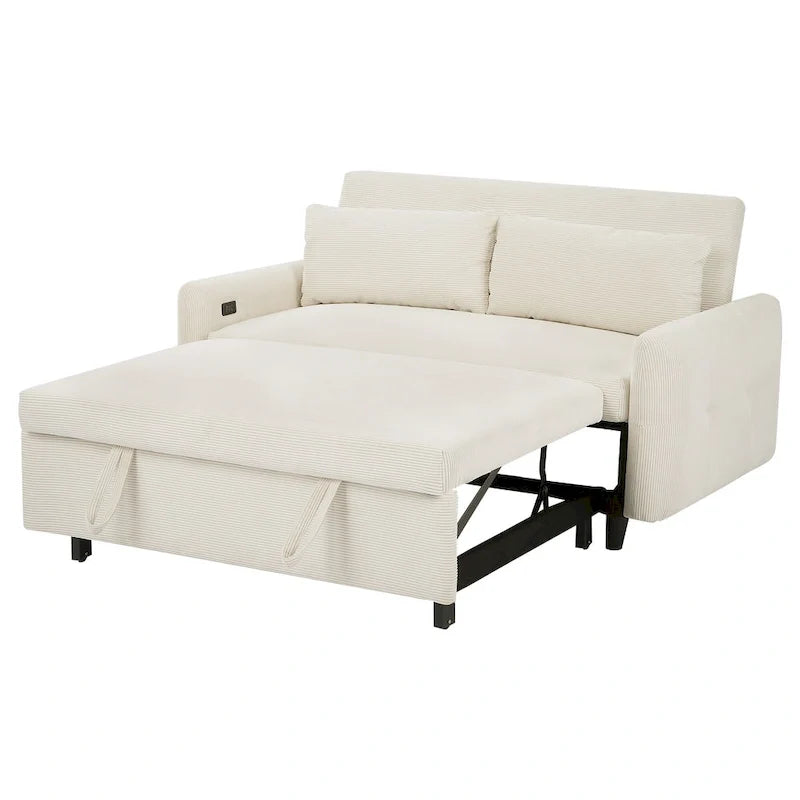 Rozkładana sofa z funkcją spania dla 2 osób, z poduszkami dekoracyjnymi i portami USB, nowoczesna sofa do spania, beżowa