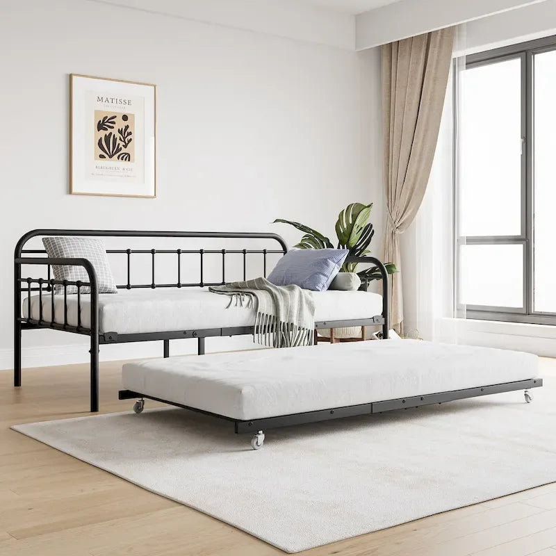 Letto da giorno in metallo per letto singolo con letto estraibile e robuste doghe in acciaio per la camera da letto