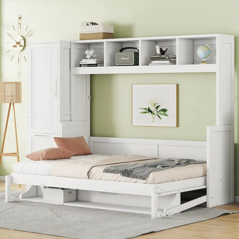 Letto a scomparsa matrimoniale con ripiano superiore integrato, armadio e due cassetti contenitori per la camera da letto