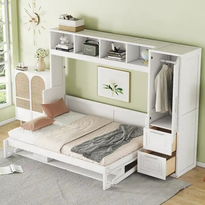Letto a scomparsa matrimoniale con ripiano superiore integrato, armadio e due cassetti contenitori per la camera da letto