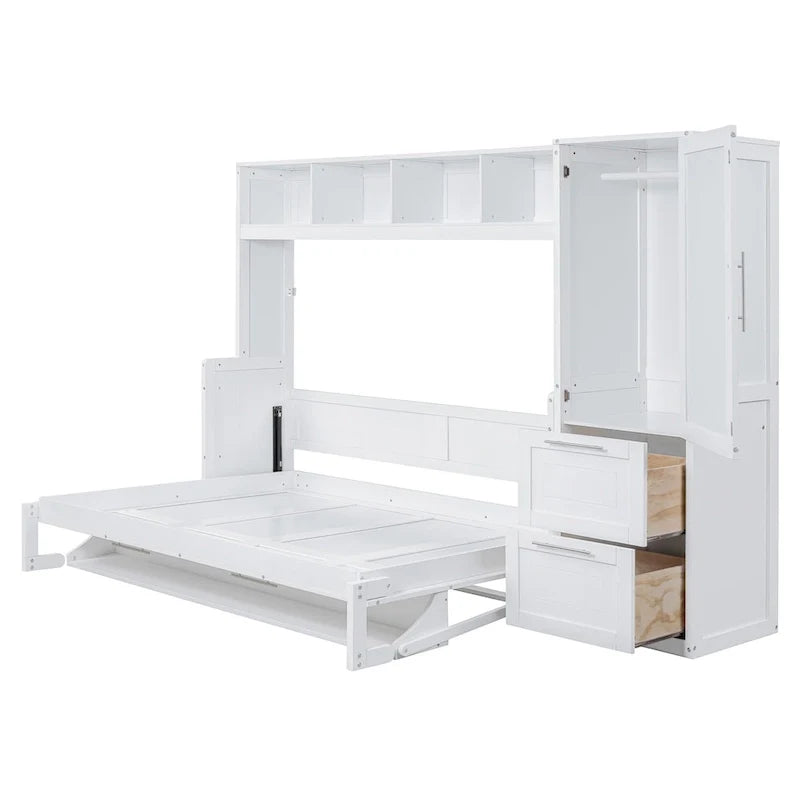 Letto a scomparsa matrimoniale con ripiano superiore integrato, armadio e due cassetti contenitori per la camera da letto