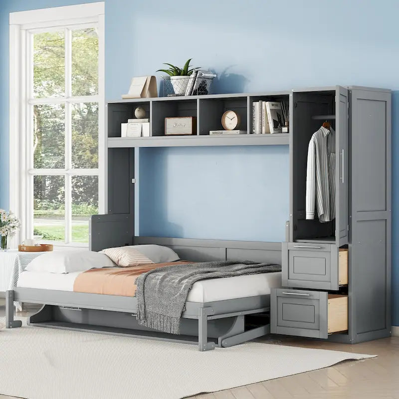 Letto a scomparsa matrimoniale con ripiano superiore integrato, armadio e due cassetti contenitori per la camera da letto