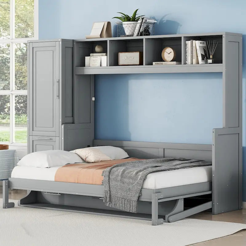 Letto a scomparsa matrimoniale con ripiano superiore integrato, armadio e due cassetti contenitori per la camera da letto
