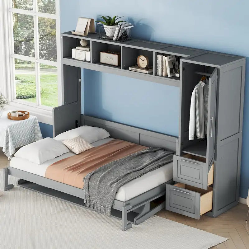 Letto a scomparsa matrimoniale con ripiano superiore integrato, armadio e due cassetti contenitori per la camera da letto