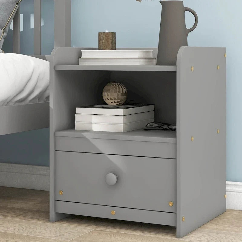 Grey Pine Wood Full Bed with Slatted Headboard and Footboard - No Box Spring Required, Includes Nightstand