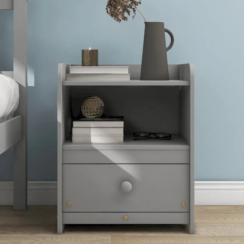 Grey Pine Wood Full Bed with Slatted Headboard and Footboard - No Box Spring Required, Includes Nightstand