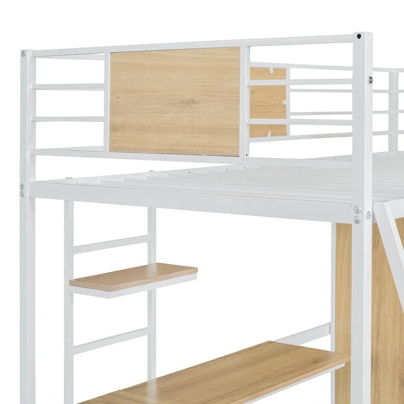 Letto a soppalco bianco in metallo e legno, per letto singolo, con scrivania a forma di L, armadio, sponde e scala