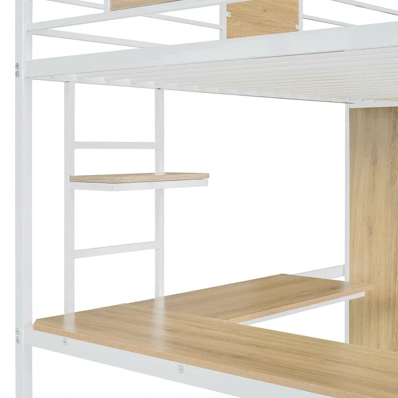 Letto a soppalco bianco in metallo e legno, per letto singolo, con scrivania a forma di L, armadio, sponde e scala