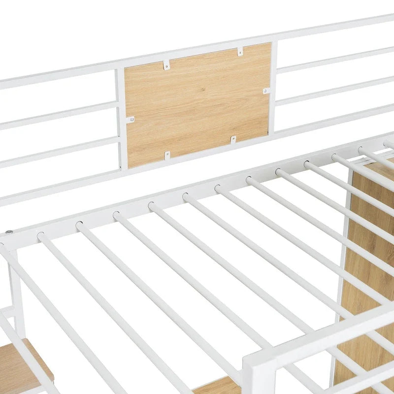 Letto a soppalco bianco in metallo e legno, per letto singolo, con scrivania a forma di L, armadio, sponde e scala