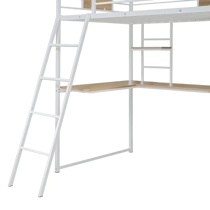 Letto a soppalco bianco in metallo e legno, per letto singolo, con scrivania a forma di L, armadio, sponde e scala