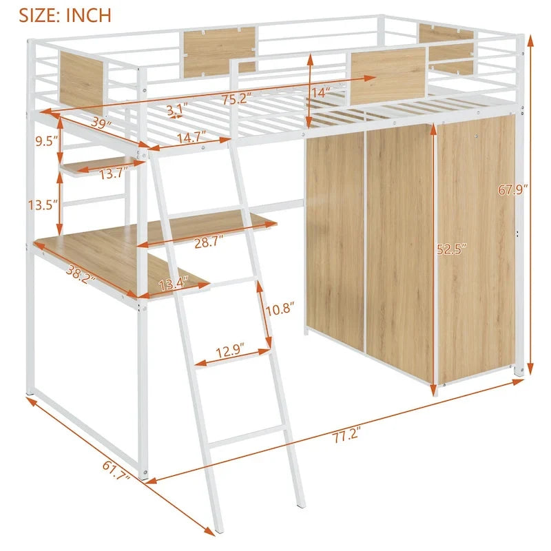 Letto a soppalco bianco in metallo e legno, per letto singolo, con scrivania a forma di L, armadio, sponde e scala