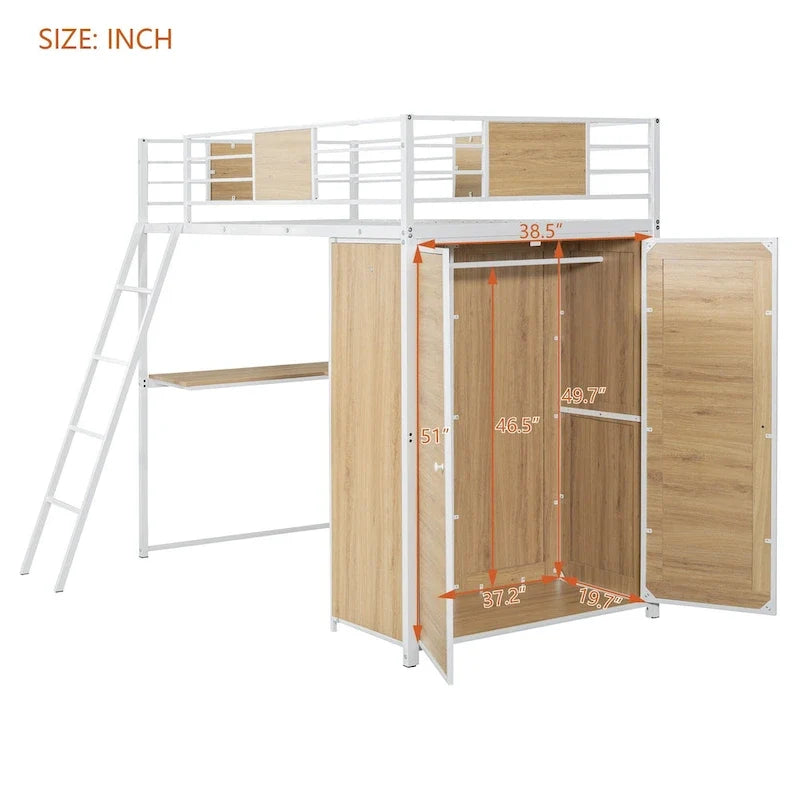 Letto a soppalco bianco in metallo e legno, per letto singolo, con scrivania a forma di L, armadio, sponde e scala