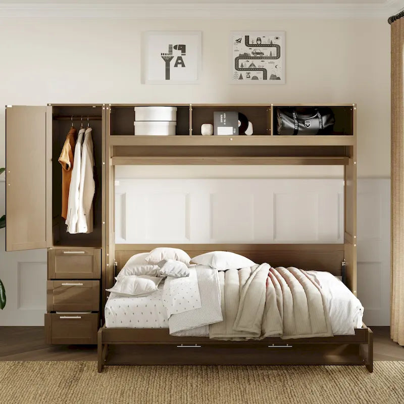 Letto a scomparsa matrimoniale in legno con armadio, cassetti e ripiani