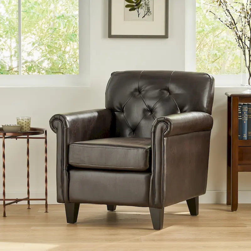 Brown Genuine Leather Button-Tufted Armchair