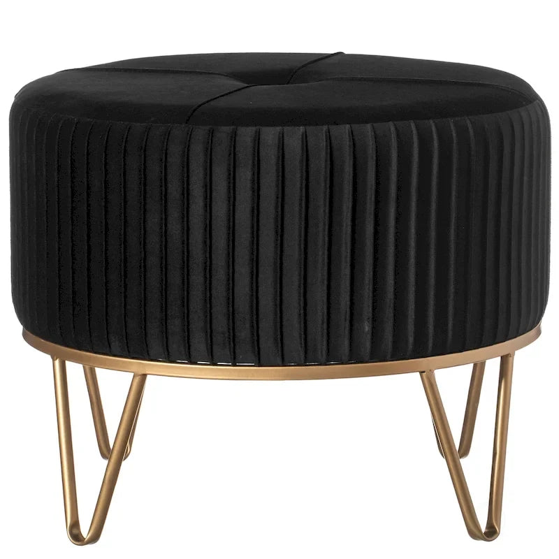 Pouf rotondo rialzato in velluto con base dorata a forcina