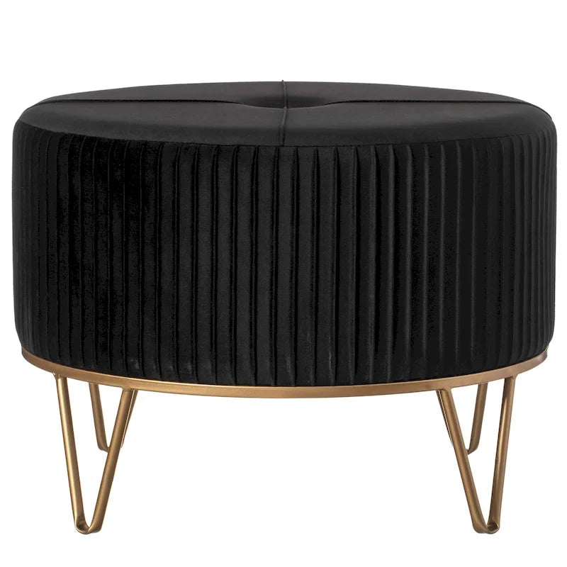 Pouf rotondo rialzato in velluto con base dorata a forcina