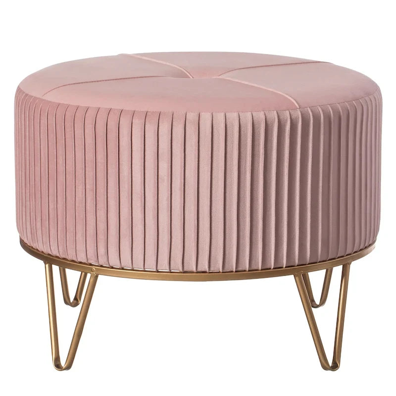 Pouf rotondo rialzato in velluto con base dorata a forcina