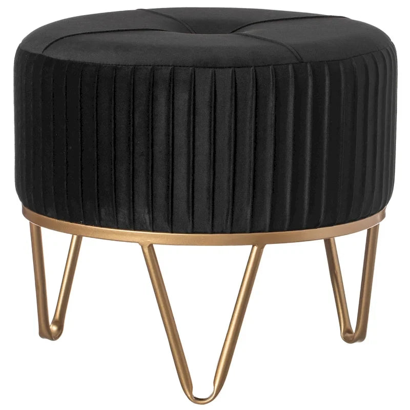 Round Velvet Ottoman Stool Raised with Hairpin Gold Base
