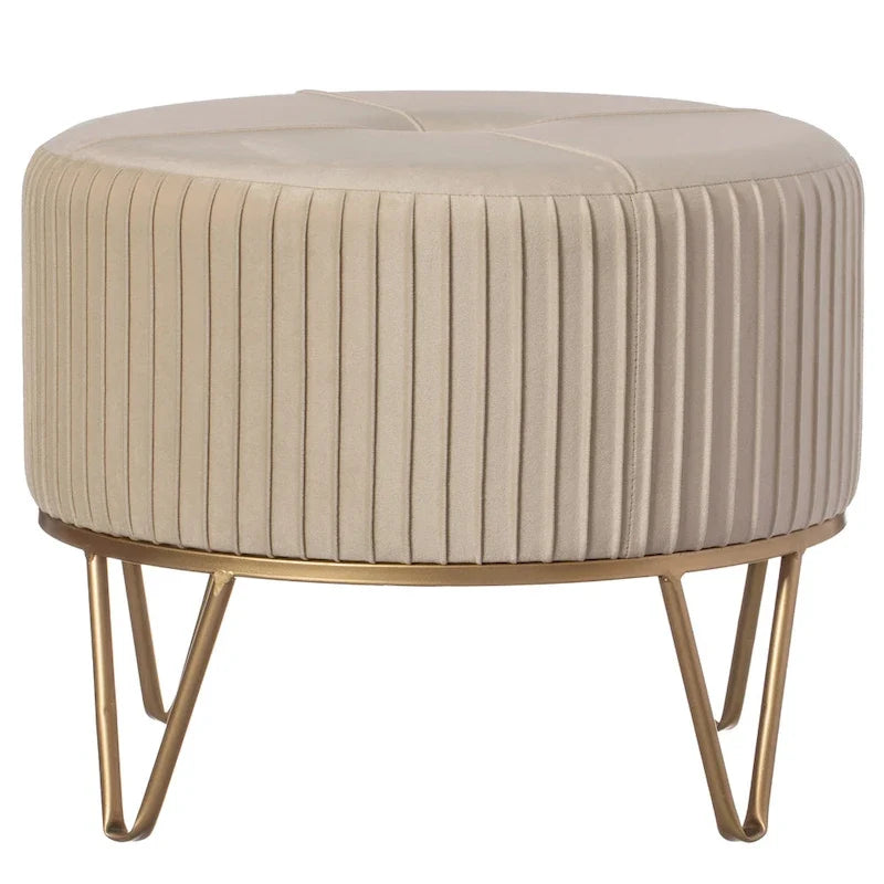 Round Velvet Ottoman Stool Raised with Hairpin Gold Base