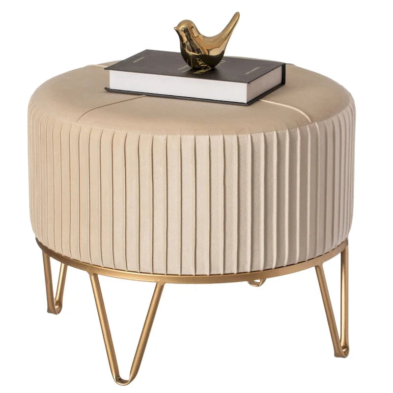 Round Velvet Ottoman Stool Raised with Hairpin Gold Base