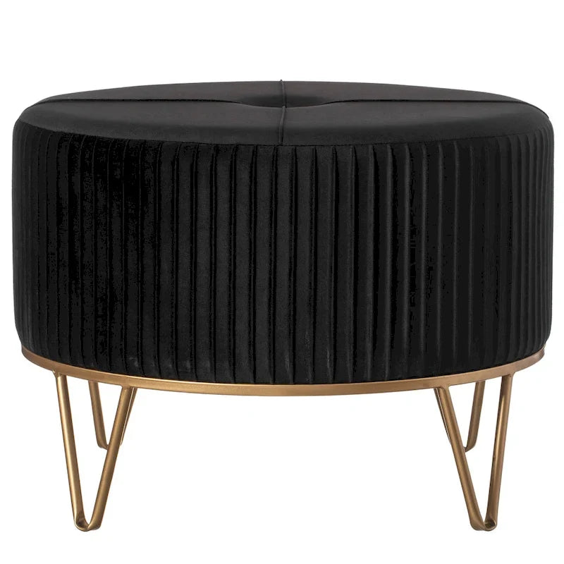 Round Velvet Ottoman Stool Raised with Hairpin Gold Base