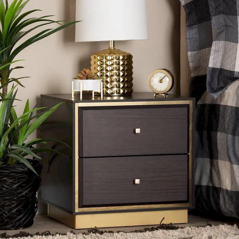 Wood/Metal 2-Drawer Nightstand – Walnut/Dark Brown
