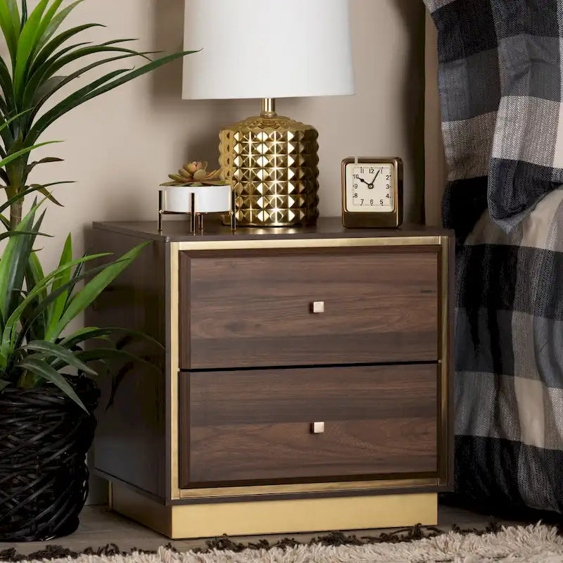 Wood/Metal 2-Drawer Nightstand – Walnut/Dark Brown