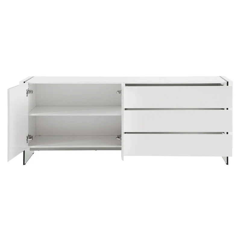 Buffet-Server in High Gloss White Lacquer with Clear Glass.