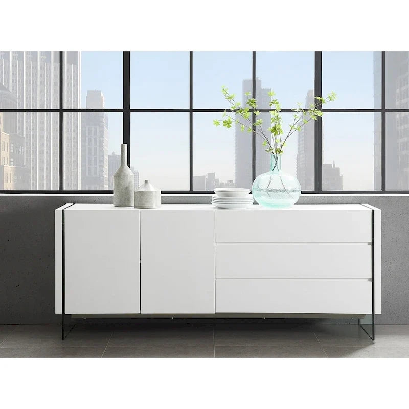Buffet-Server in High Gloss White Lacquer with Clear Glass.