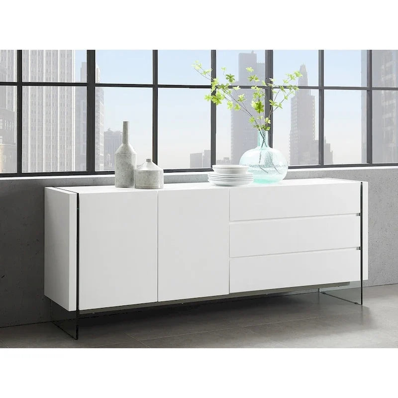 Buffet-Server in High Gloss White Lacquer with Clear Glass.