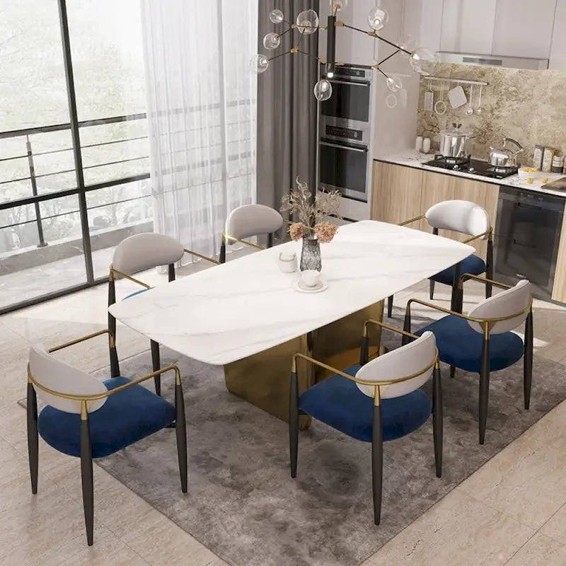 Modern Dining Chairs with Velvet Accent, Arm Chairs with PU Leather Back Pull and Metal Leg